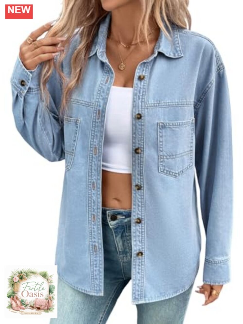 Oversized Denim Shirt Long Sleeve Button Down Women Casual Blouse Top